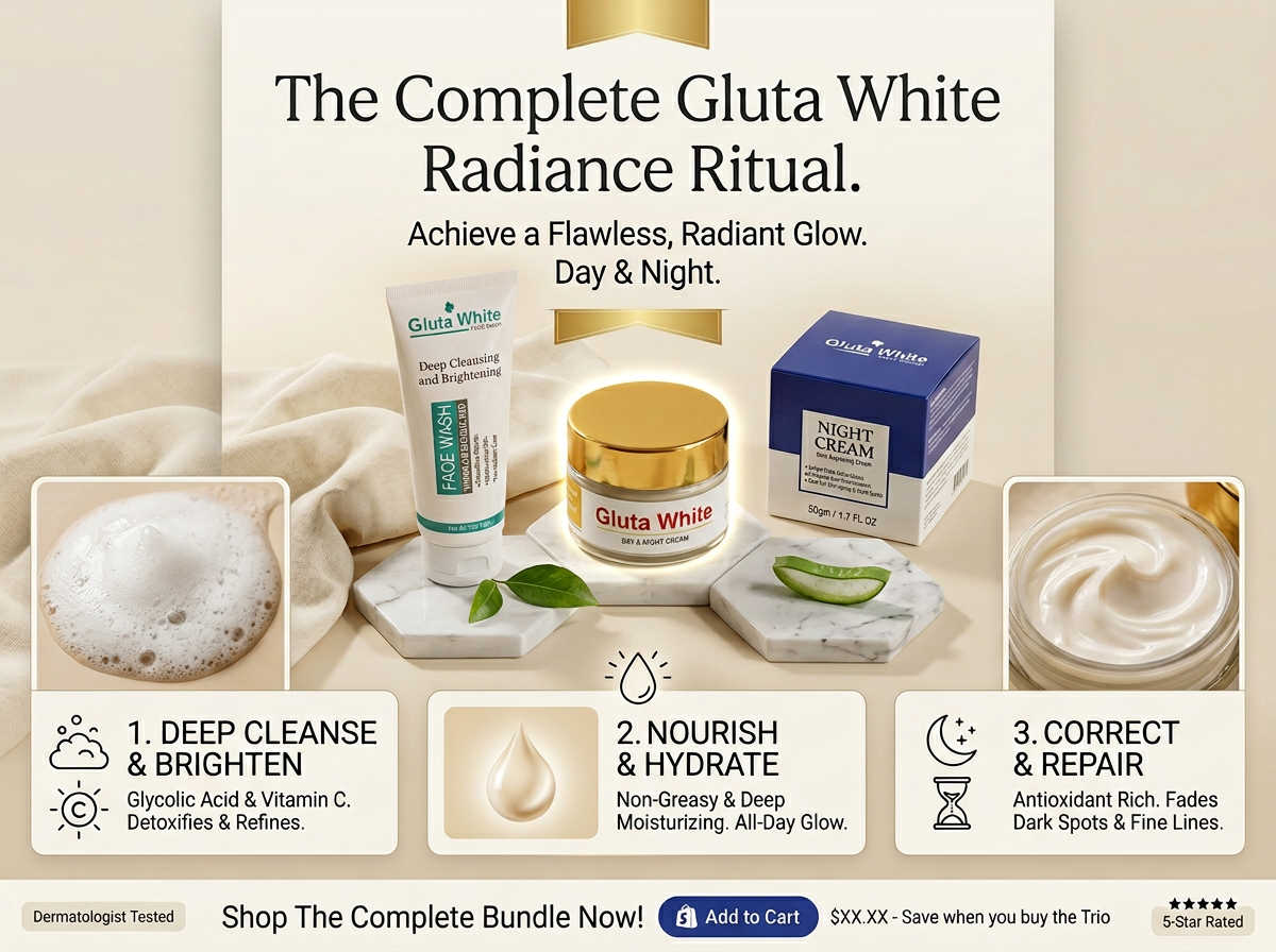 Gluta White Complete Skincare Set | Face Wash + Day Cream + Night Cream | Skin Brightening & Anti-Aging | Deep Cleansing Formula