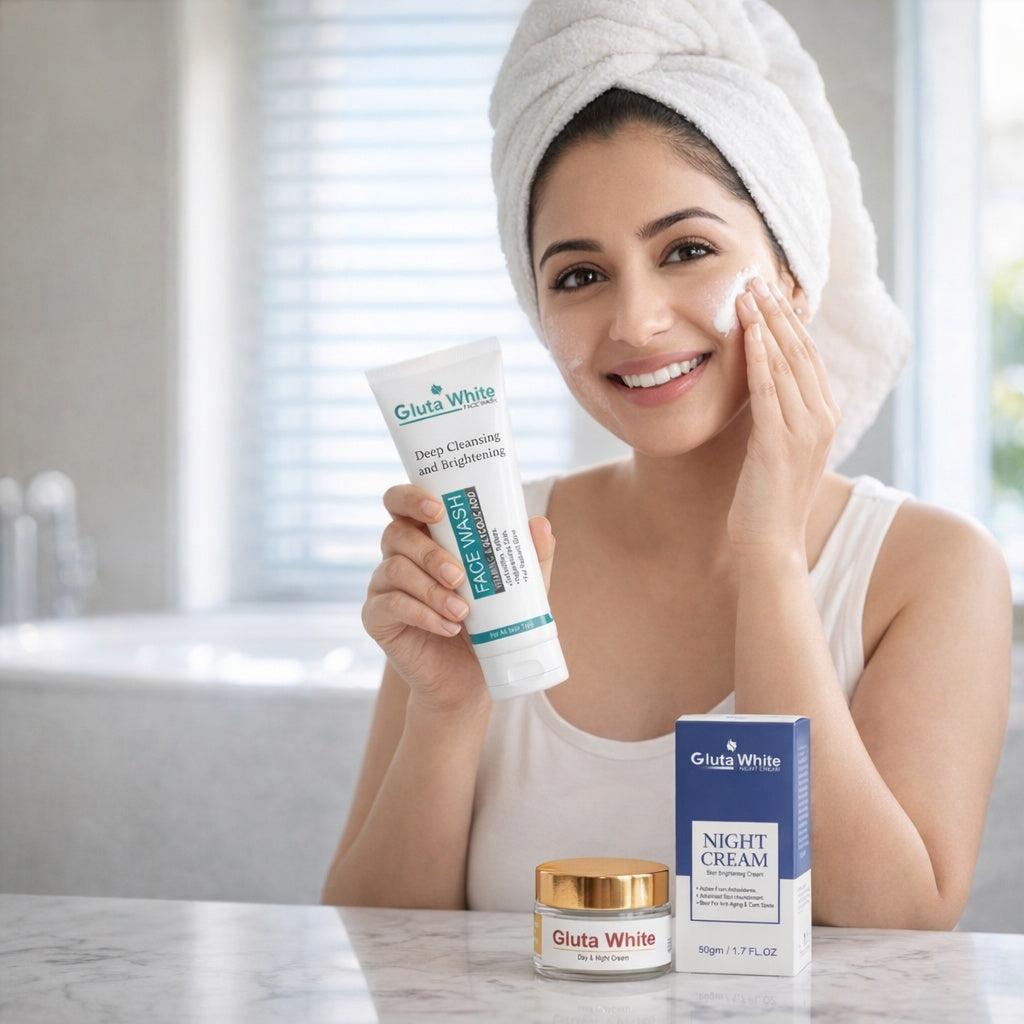 Gluta White Complete Skincare Set | Face Wash + Day Cream + Night Cream | Skin Brightening & Anti-Aging | Deep Cleansing Formula