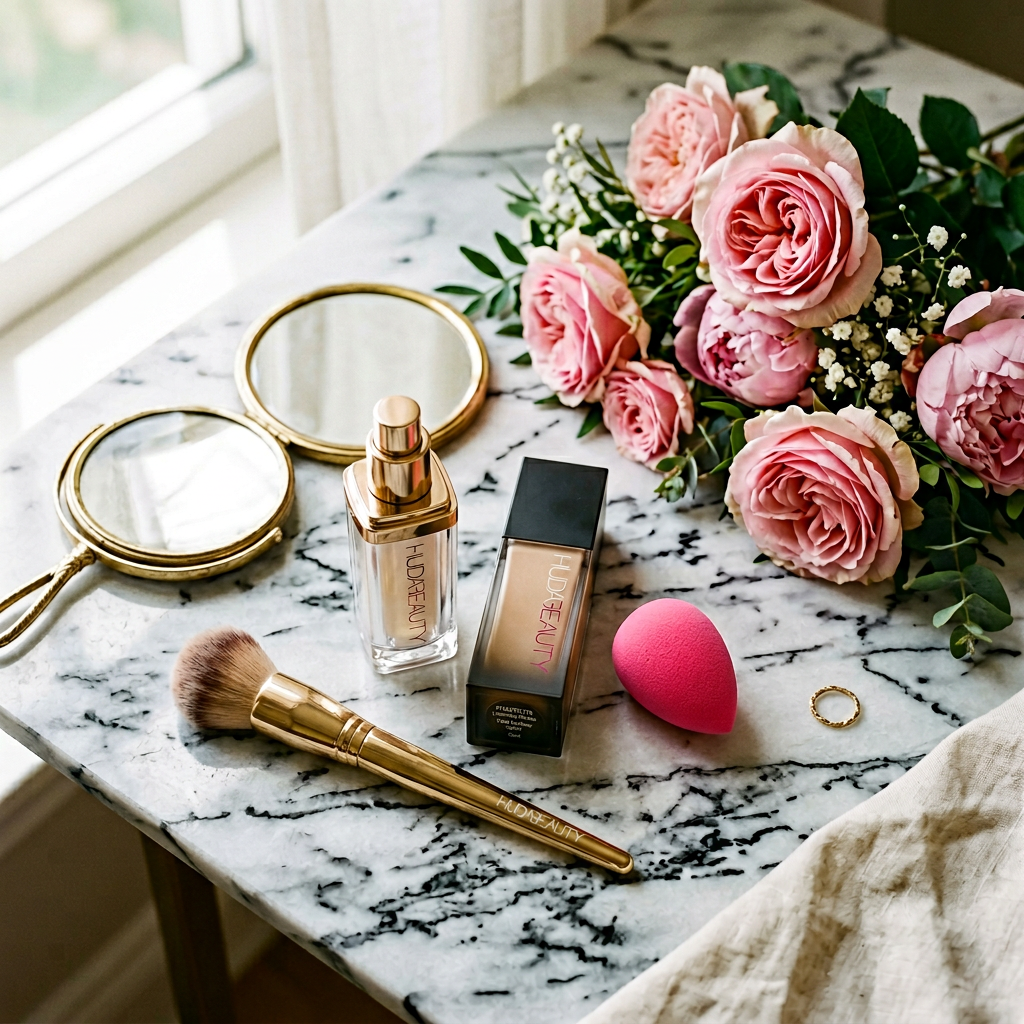 Huda Beauty Ultimate Complexion Set - Foundation, Primer & Beauty Blender Sponge | Professional Makeup Kit